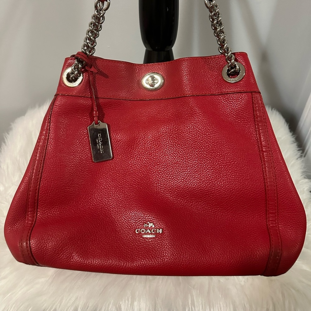 Coach Red Leather Shoulder Bag with Silver-Tone Chain Handles